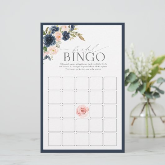 Navy Blue Blush Pink Floral Bingo Game (Staand voorkant)