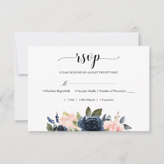 Navy Blue Blush Pink Floral Blossom Wedding RSVP (Voorkant)