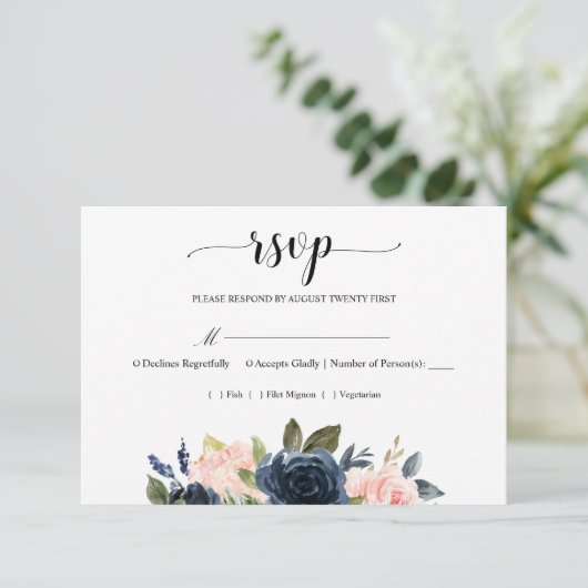 Navy Blue Blush Pink Floral Blossom Wedding RSVP (Staand voorkant)