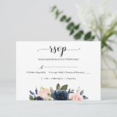 Navy Blue Blush Pink Floral Blossom Wedding RSVP Kaartje (Staand voorkant)