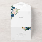 Navy Blue Blush Pink Floral Botanical Weddenschap All In One Uitnodiging (Buitenkant)