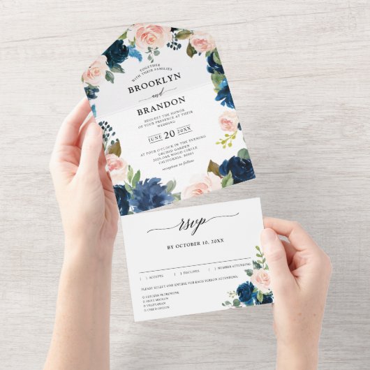 Navy Blue Blush Pink Floral Botanical Weddenschap All In One Uitnodiging (Afscheurbaar)