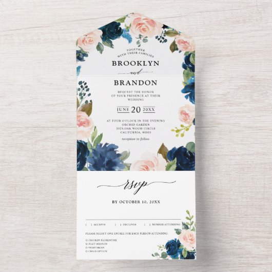 Navy Blue Blush Pink Floral Botanical Weddenschap All In One Uitnodiging (Binnen)