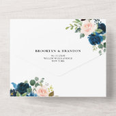 Navy Blue Blush Pink Floral Botanical Weddenschap All In One Uitnodiging (Achterkant)