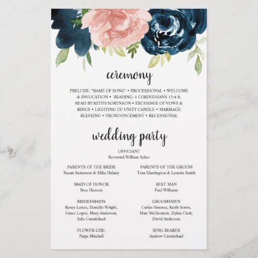 Navy Blue Blush Pink Floral Budget Wedding Program Flyer (Achterkant)
