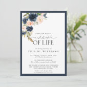 Navy Blue Blush Pink Floral Celebration of Life Kaart (Staand voorkant)