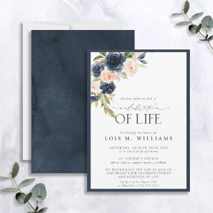 Navy Blue Blush Pink Floral Celebration of Life Kaart