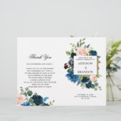 Navy Blue Blush Pink Floral Folded Wedding Program (Staand voorkant)