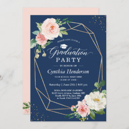 Navy Blue Blush Pink Floral Geometric Afstuderen Kaart