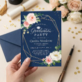 Navy Blue Blush Pink Floral Geometric Afstuderen Kaart