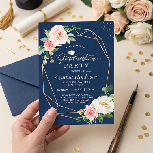 Navy Blue Blush Pink Floral Geometric Afstuderen Kaart