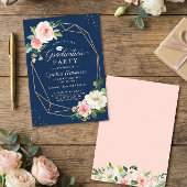 Navy Blue Blush Pink Floral Geometric Afstuderen Kaart