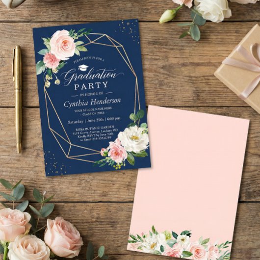 Navy Blue Blush Pink Floral Geometric Afstuderen Kaart