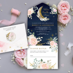 Navy Blue Blush Pink Floral Gold Moon Baby shower All In One Uitnodiging