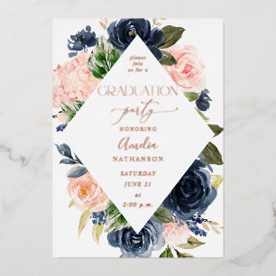 Navy Blue & Blush Pink Floral Gradual Party Folie Uitnodiging