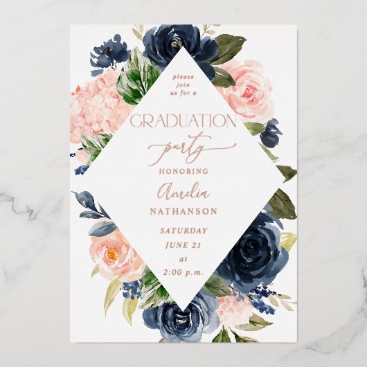 Navy Blue & Blush Pink Floral Gradual Party Folie Uitnodiging (Voorkant)