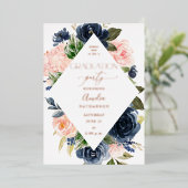 Navy Blue & Blush Pink Floral Gradual Party Folie Uitnodiging (Staand Voorkant)