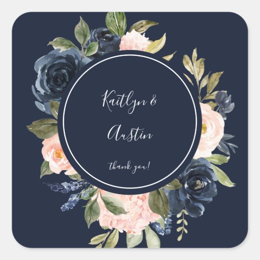 Navy Blue & Blush Pink Floral Hartelijk dank - Nav Vierkante Sticker (Voorkant)