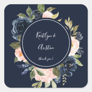 Navy Blue & Blush Pink Floral Hartelijk dank - Nav Vierkante Sticker
