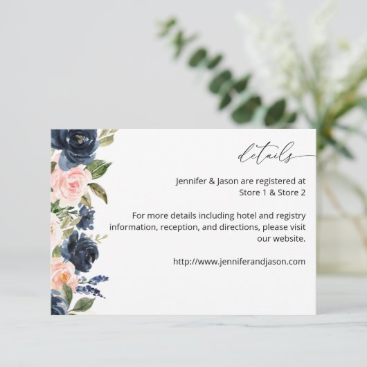 Navy Blue & Blush Pink Floral MED Enclosure Kaart (Staand voorkant)