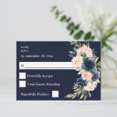 Navy Blue & Blush Pink Floral no Meal RSVP - Navy Kaartje (Staand voorkant)