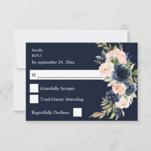 Navy Blue & Blush Pink Floral no Meal RSVP - Navy Kaartje