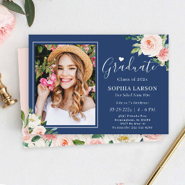 Navy Blue Blush Pink Floral Photo Afstuderen Kaart