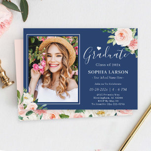 Navy Blue Blush Pink Floral Photo Afstuderen Kaart