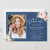 Navy Blue Blush Pink Floral Photo Afstuderen Kaart (Voorkant)