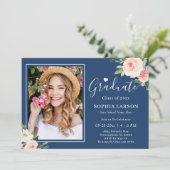 Navy Blue Blush Pink Floral Photo Afstuderen Kaart (Staand voorkant)