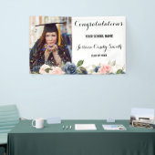 Navy Blue Blush Pink Floral Photo Graduparty Spandoek (Beurs)