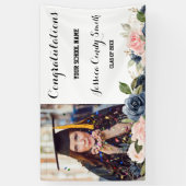 Navy Blue Blush Pink Floral Photo Graduparty Spandoek (Verticaal)