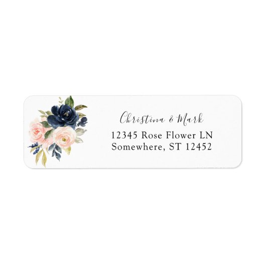 Navy Blue & Blush Pink Floral Return Address Label (Voorkant)