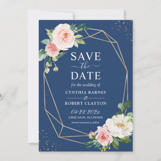 Navy Blue Blush Pink Floral Stylish Gold Geometric Save The Date (Voorkant)