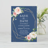 Navy Blue Blush Pink Floral Stylish Gold Geometric Save The Date (Staand voorkant)