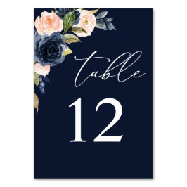 Navy Blue & Blush Pink Floral Table Number - Navy Kaart