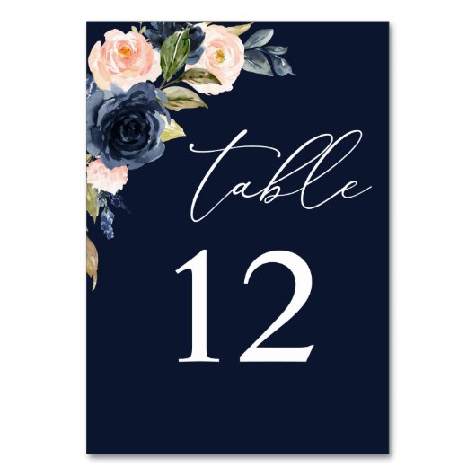 Navy Blue & Blush Pink Floral Table Number - Navy Kaart (Voorkant)