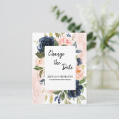 Navy Blue Blush Pink Floral Verander de datum Briefkaart (Staand voorkant)