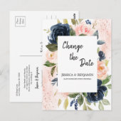 Navy Blue Blush Pink Floral Verander de datum Briefkaart (Voorkant / Achterkant)