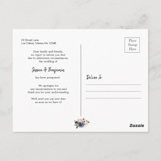 Navy Blue Blush Pink Floral Verander de datum Briefkaart (Achterkant)