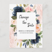 Navy Blue Blush Pink Floral Verander de datum Briefkaart (Voorkant)