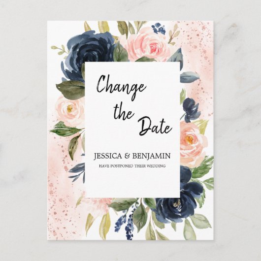 Navy Blue Blush Pink Floral Verander de datum Briefkaart (Voorkant)