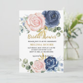 Navy Blue Blush Pink Floral Vrijgezellenfeest Kaart (Staand voorkant)