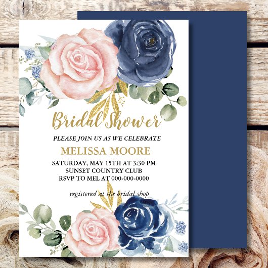 Navy Blue Blush Pink Floral Vrijgezellenfeest Kaart