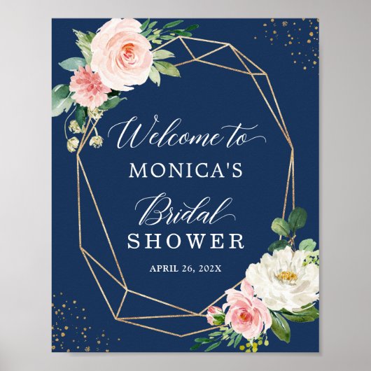 Navy Blue Blush Pink Floral Vrijgezellenfeest Sign Poster (Voorkant)