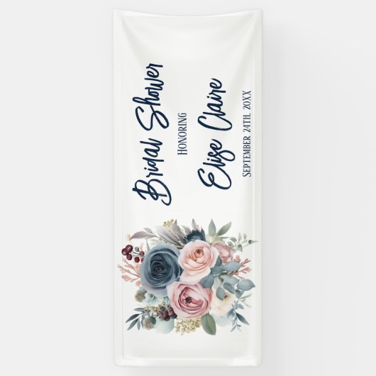Navy Blue Blush Pink Floral Vrijgezellenfeest Spandoek (Verticaal)
