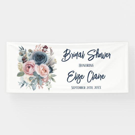 Navy Blue Blush Pink Floral Vrijgezellenfeest Spandoek (Horizontaal)