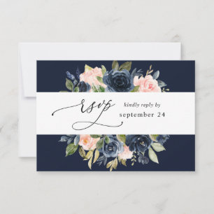 Navy Blue & Blush Pink Floral w Meal RSVP - Navy Kaartje