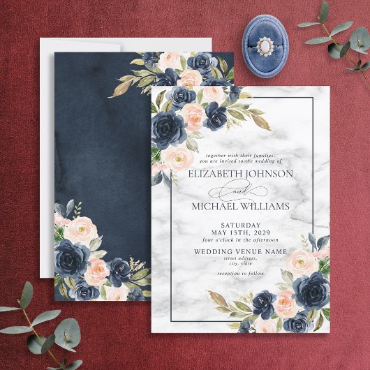 Navy Blue Blush Pink Floral Waterverf Script Kaart