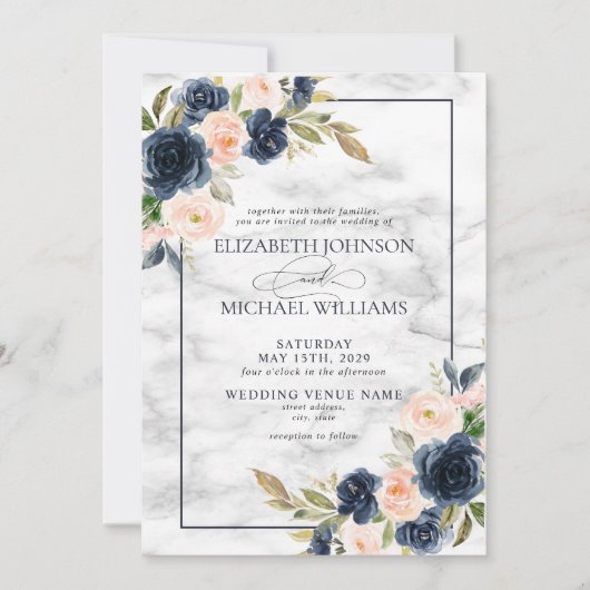 Navy Blue Blush Pink Floral Waterverf Script Kaart (Voorkant)